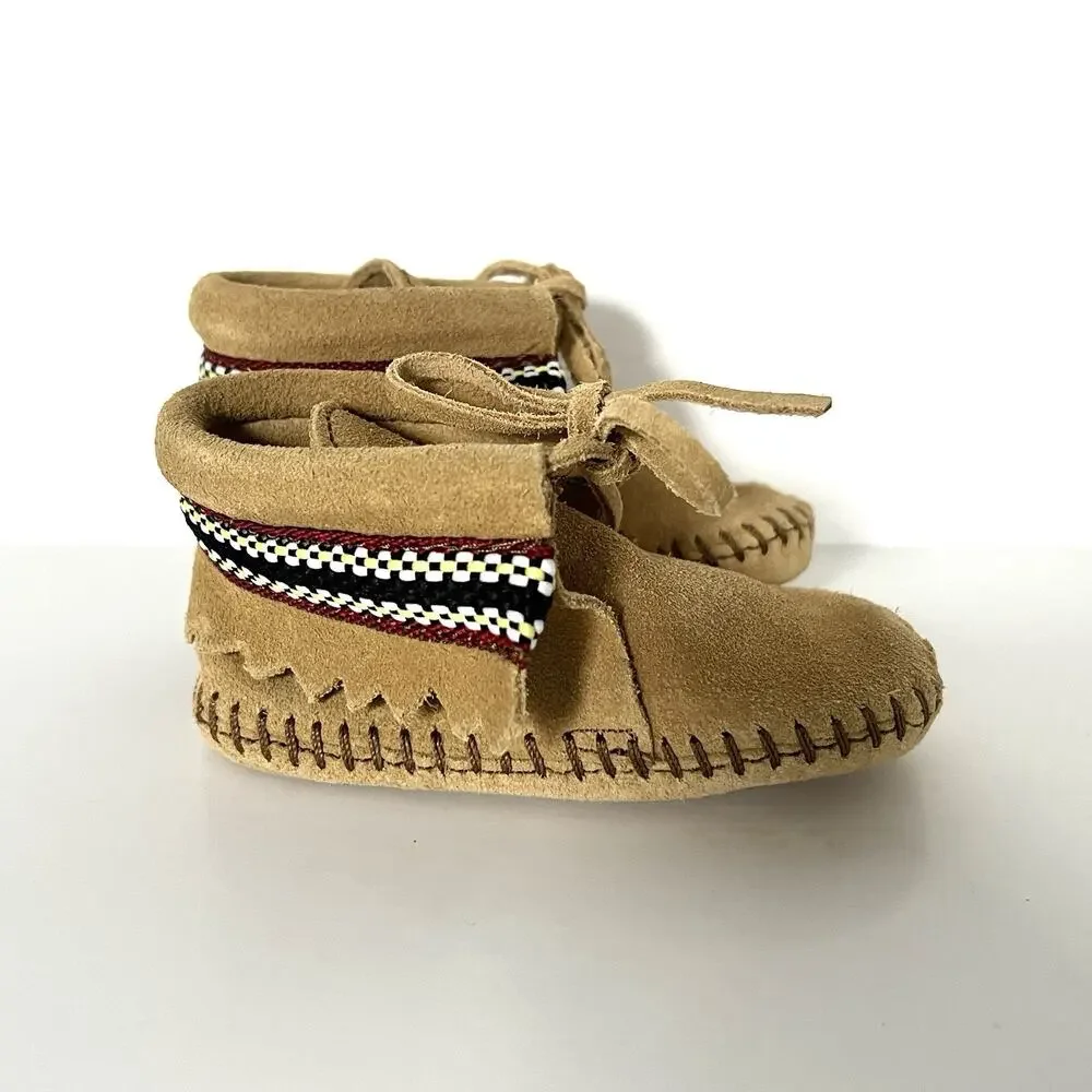 Minnetonka Moccasins Tan Suede Leather Lace Boots Braid Bootie 1101 Infant 3